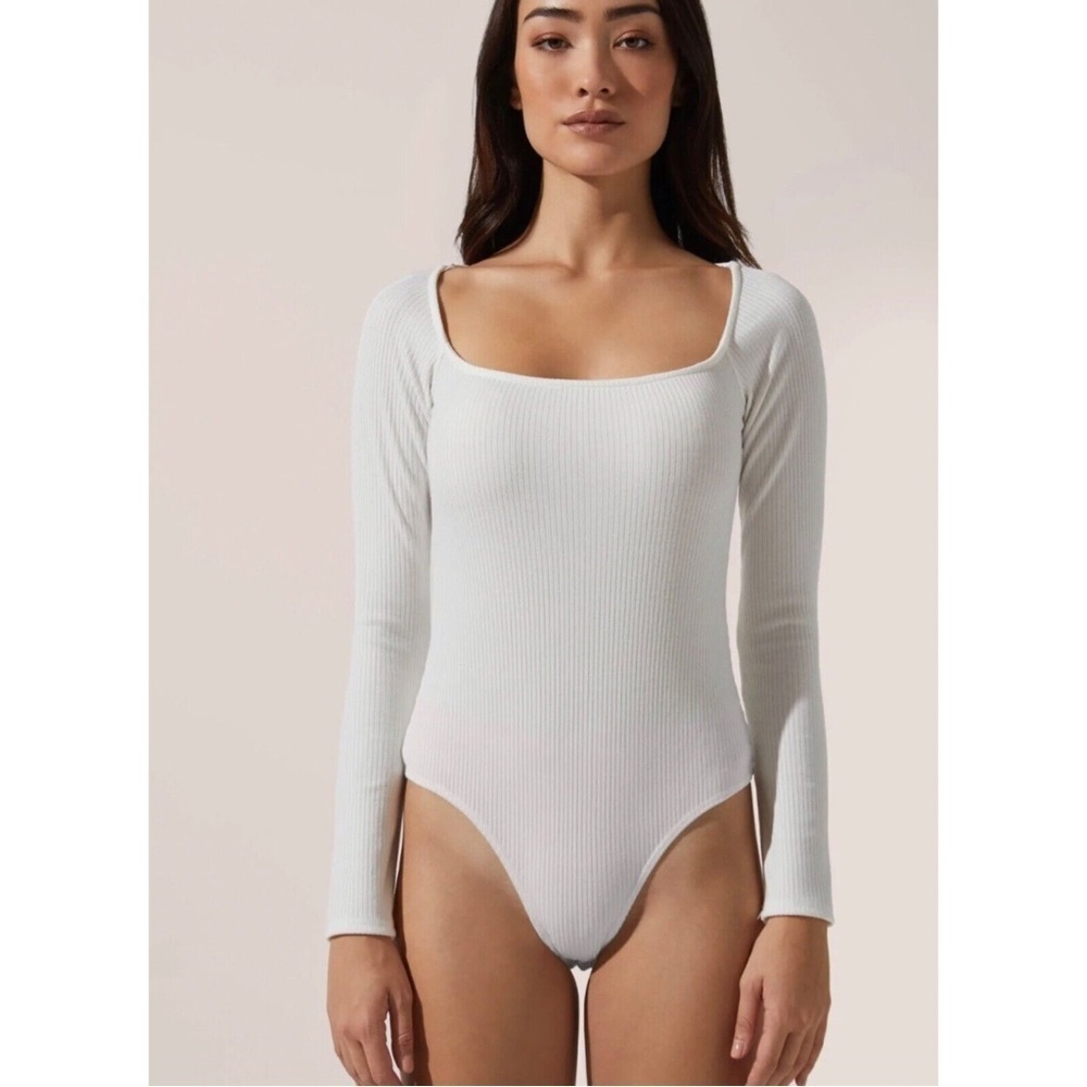 NWOT ASTR The Label square neck long sleeve bodysuit white XL ribbed stretch top
